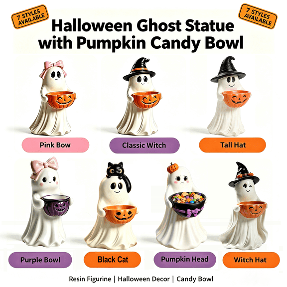 Yyuenw Resin Ghost Statue with Pumpkin Candy Bowl, halloween decor Freestanding Halloween Ghost Figurine Decor for Front Porch Yard Patio Indoor Home Decor