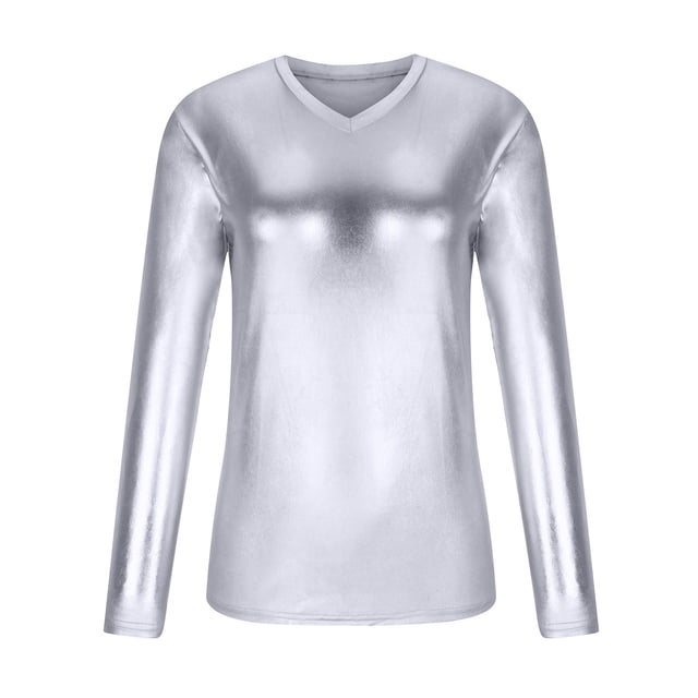 Camiseta informal de manga larga con cuello en V brillante para hombre, camiseta de manga larga a la moda para jóvenes, ropa de actuación Pompotops oipoqjl34881