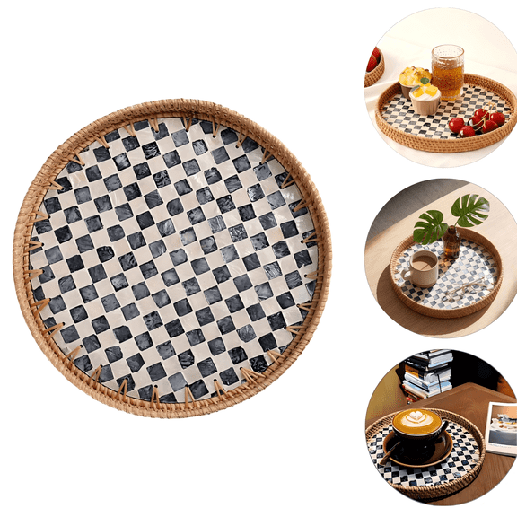 Round Rattan Tray with Mother of Pearl Inlay, Wicker Serving Tray for Coffee, Bread, Fruits, Decorative Table Decor for Kitchen Island, Home, Black Checkerboard, 11.8 Inch
