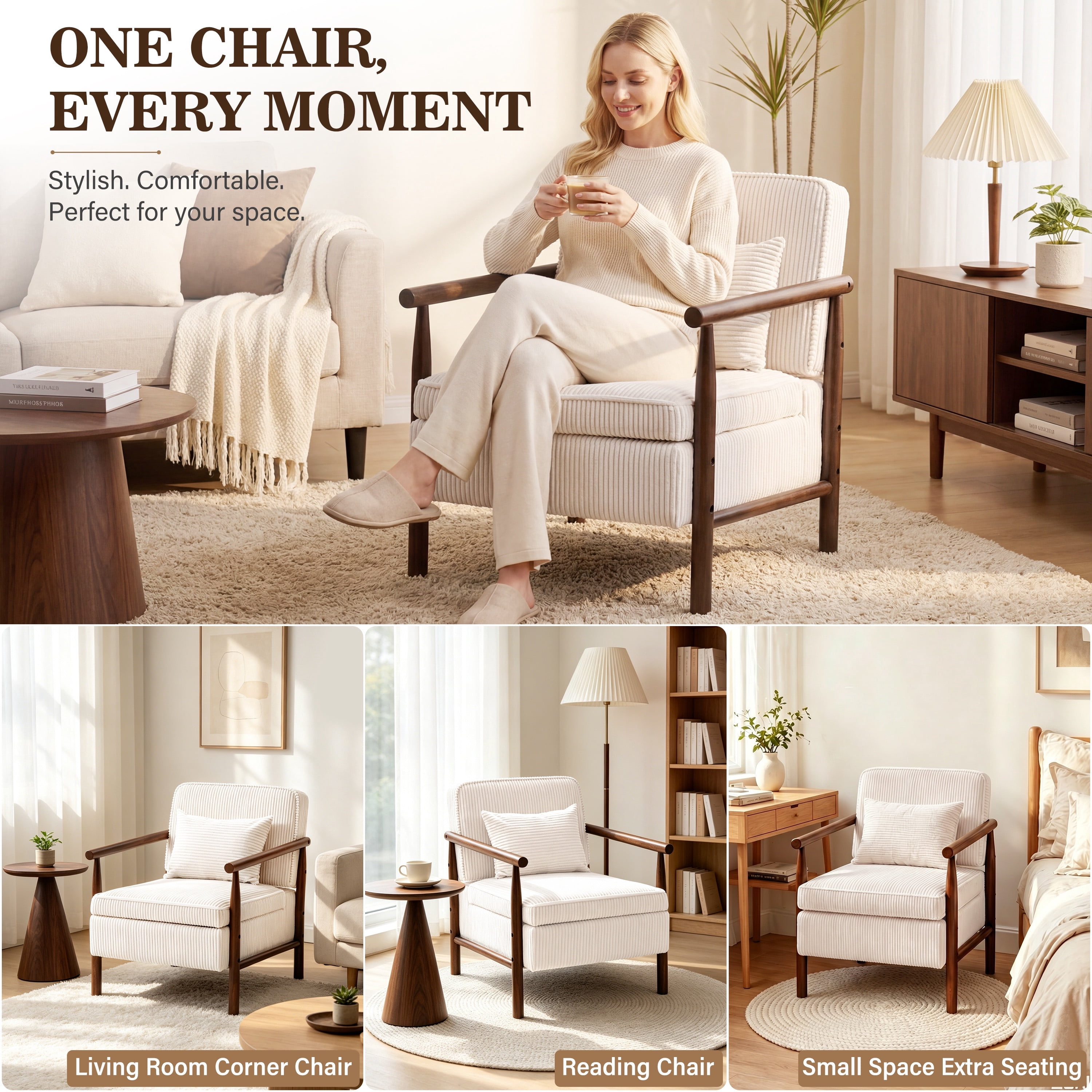 Accent Chair with Hidden Storage, LEGAHOME Antique White Modern Arm Chair for Living Room, Comfy Corduroy Reading Armchair for Bedroom, with Solid Wood Leg for 250lbs Weight Capacity