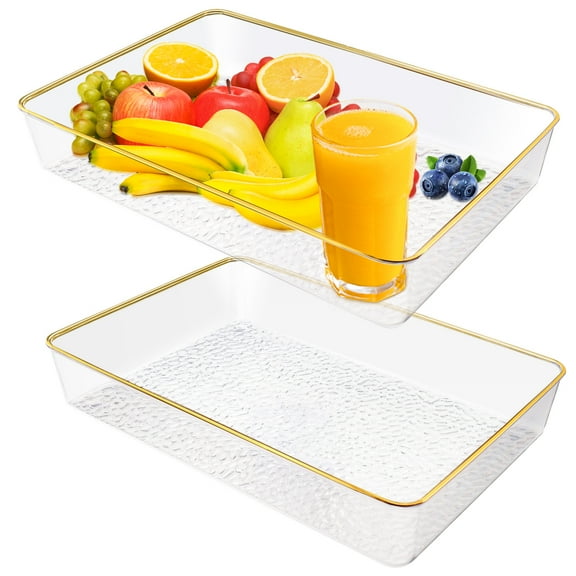 2 Pieces Plastic Deep Serving Tray 8.5 x 12.4 x 1.9 In, Gold Rim Decorative Storage Tray, Clear Dishes Ottoman Platters for Serving Food Party Breakfast Kitchen Bathroom Coffee Table