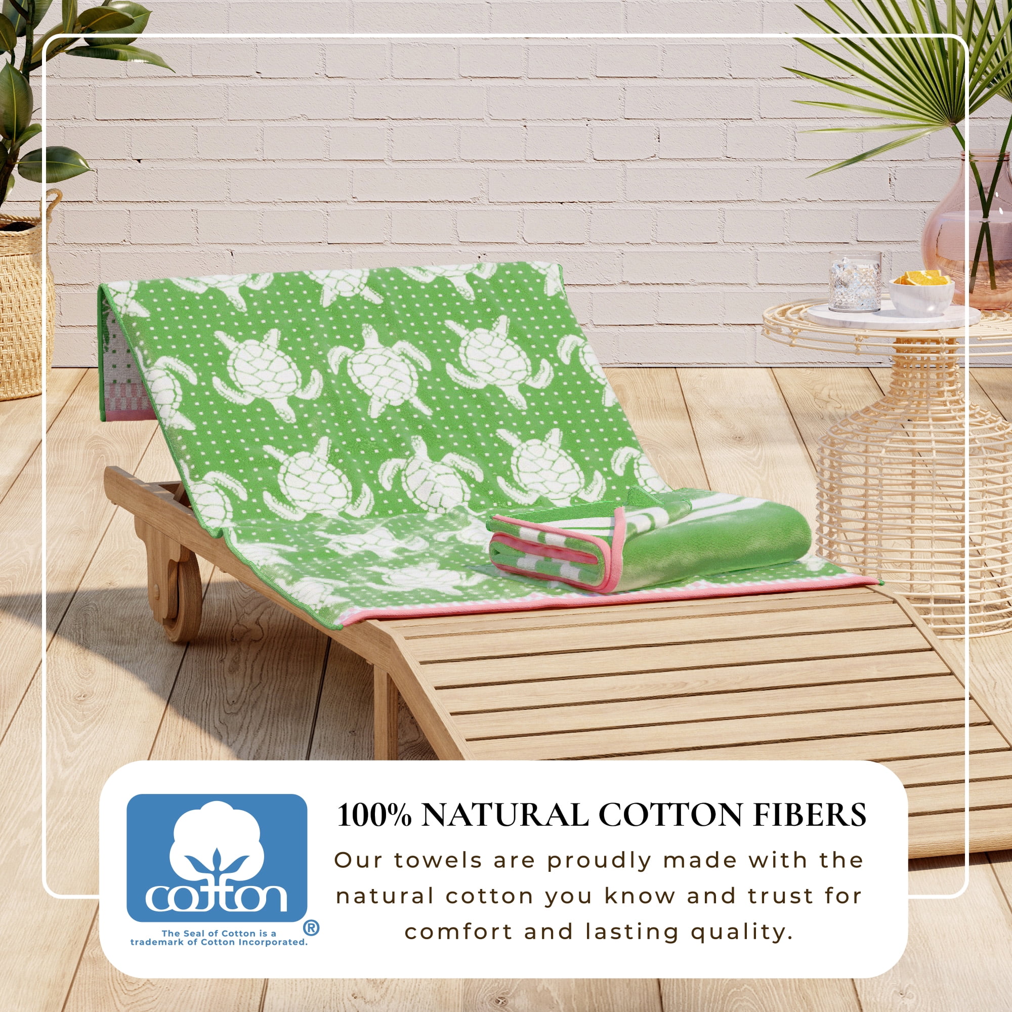 100% Cotton Jacquard 2 Pack 30" x 60" Printed Beach & Pool Towels (Green/White Turtles & Stripes, 2 Pack- 30" x 60").