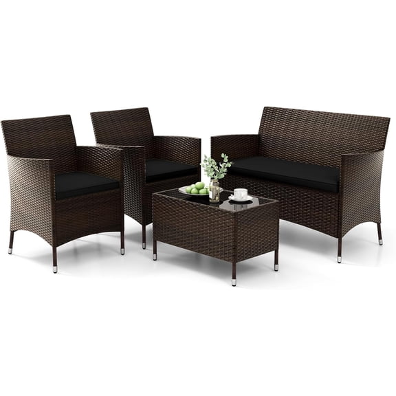 KOTEK 4 Pieces Patio Furniture Set, Outdoor Rattan Conversation Set with Tempered Glass Coffee Table & Thick Cushions, Wicker Patio Set for Backyard, Poolside, Porch (Black)