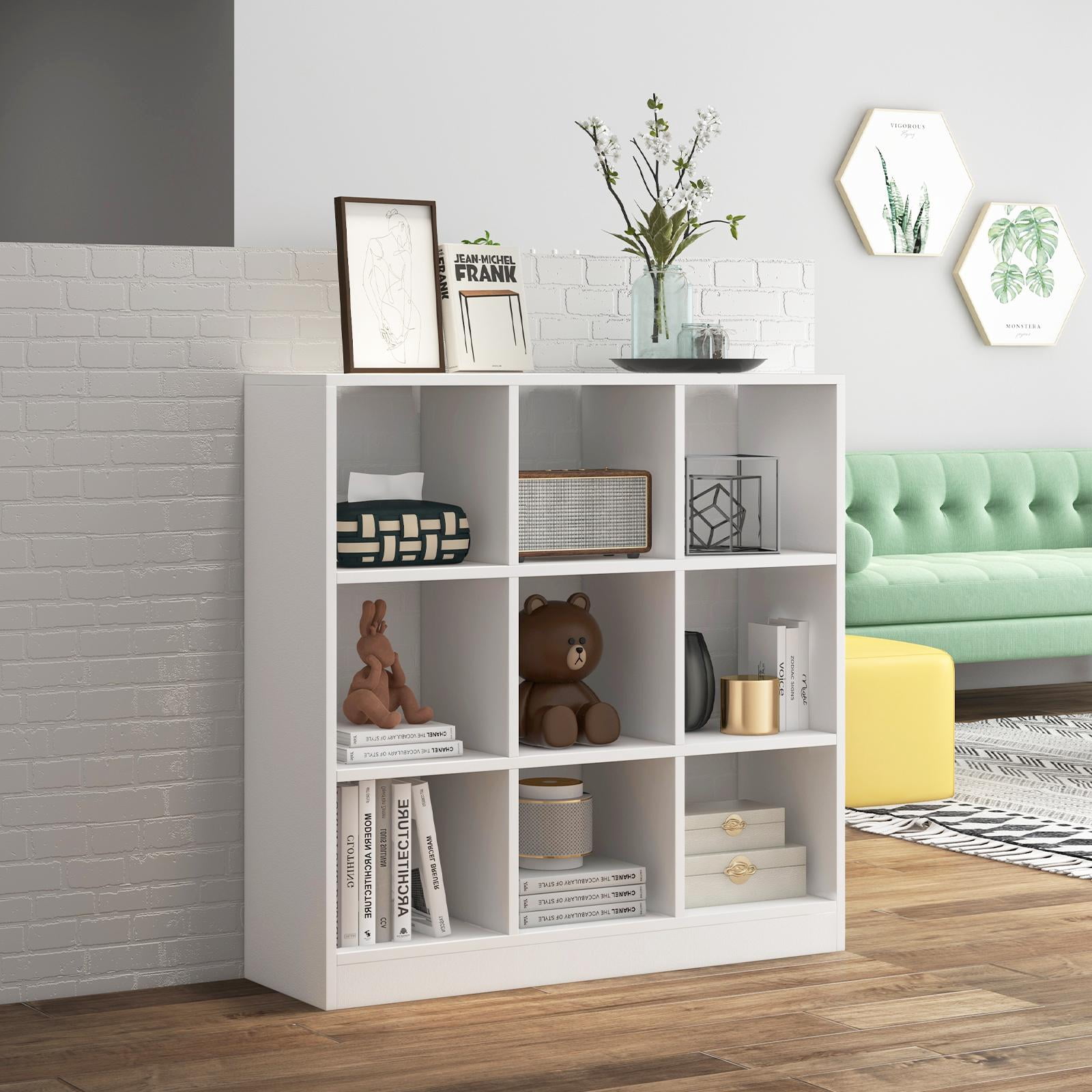 Giantex 9-Cube Bookcase, Freestanding Open Bookshelf w/Anti-Tipping Kit, Wood Floor Display Shelving Organizer