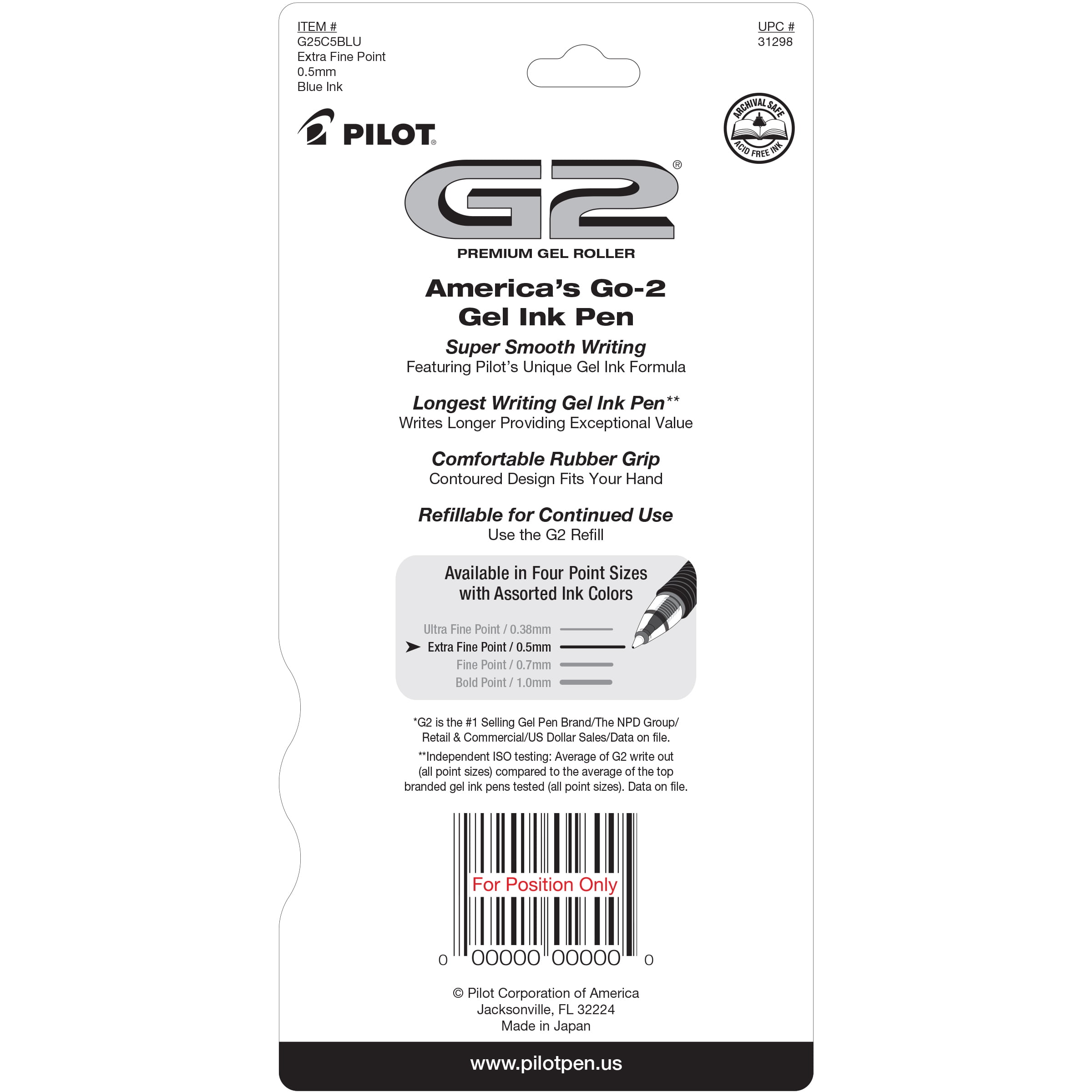 Pilot G2 Premium Retractable Gel Ink Pens, Extra Fine Point, 0.5 mm, Blue Ink, 5 Pack