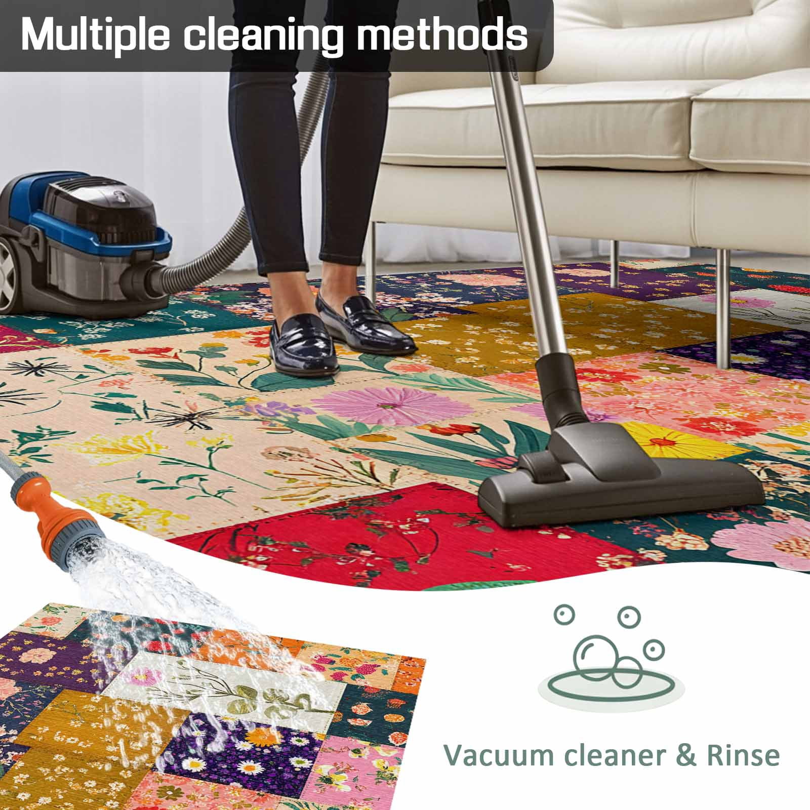 Outdoor Rug 5x8ft Retro Colorful Flowers Large Area Rug Wildflowers Splice Lattice Indoor Outdoor Carpet Outdoor Rugs Mats for Patio Camping,RV,Front Door, Outside Decor