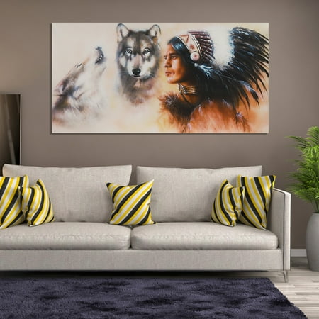 Indian Man Wolf Oil Painting Picture Canvas Prints Modern Shop Office Home Living Room Bedroom Wall Art Sticker Decor Without Frame - 31.5 x 15.7