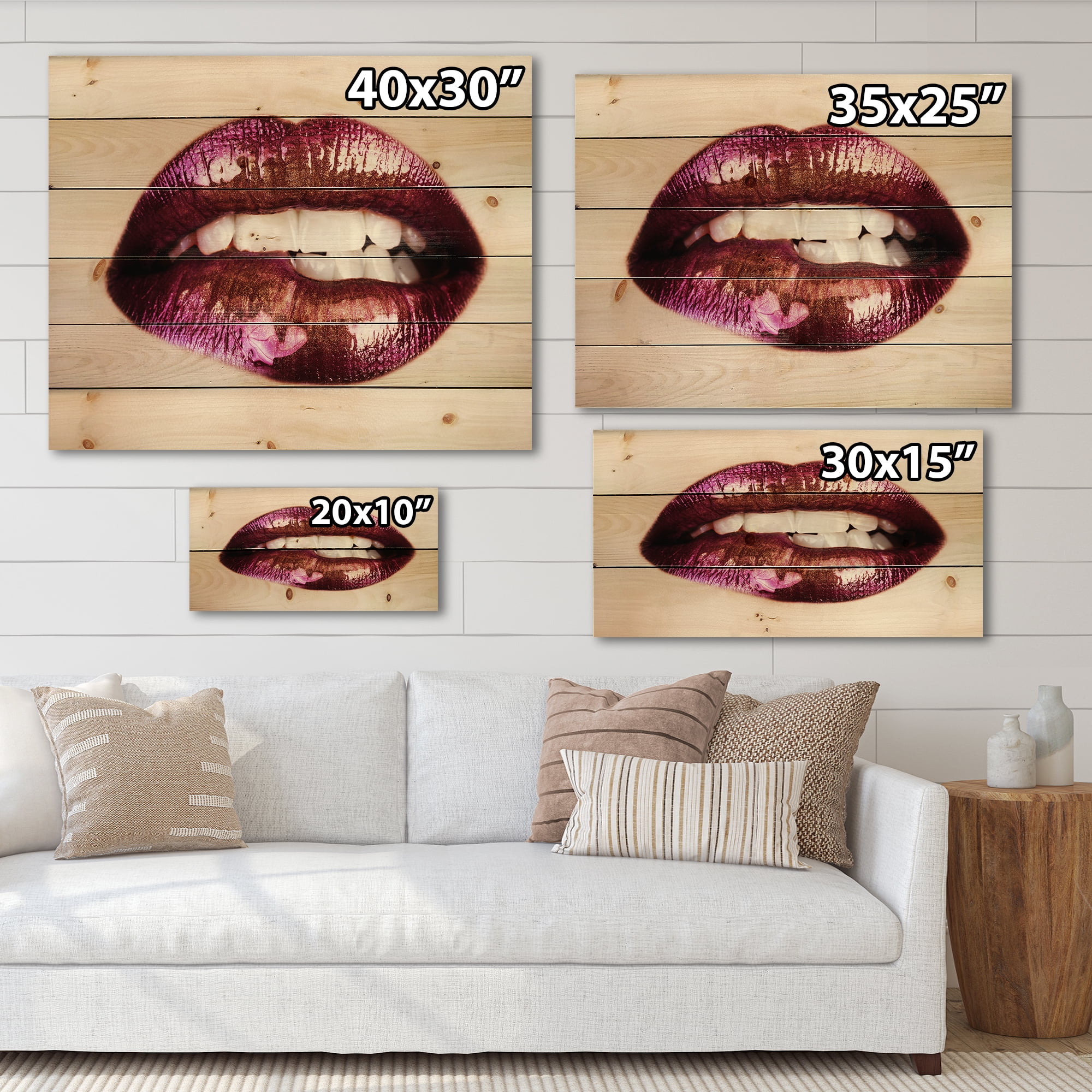 Designart 'Close-Up Of Purple Female Lips' Modern Print on Natural Pine Wood