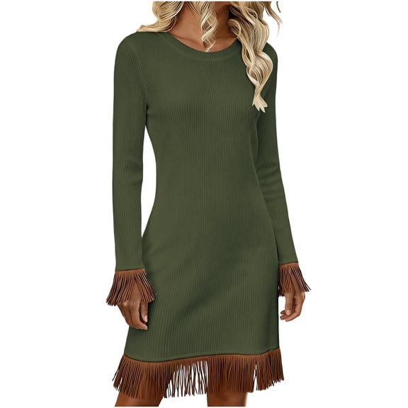 Byworldtasic Women's Base Round Neck Fringe Top Dresses Long Sleeves Summer Short Dress