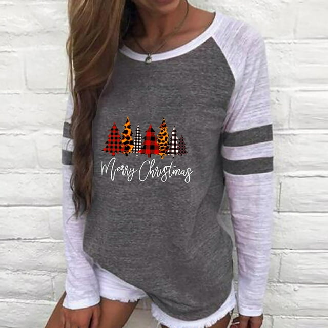 Hauts pour Femmes T-Shirt à Col Rond à Imprimé Patchwork Décontracté de Noël Tee Blouse Hauts Chemise en Liquidation