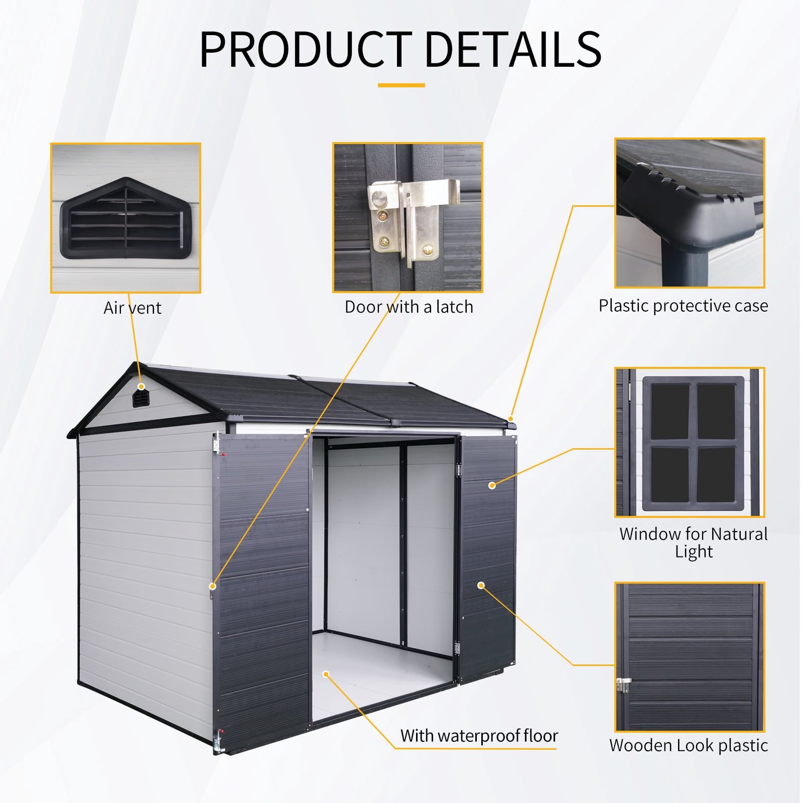 IMagacFun 8x6 Resin Outdoor Storage Shed Heavy Duty Waterproof Shed Plastic Shed with Floor,2 Windows and Lockable Doors for Garden Patio Backyard Grey White