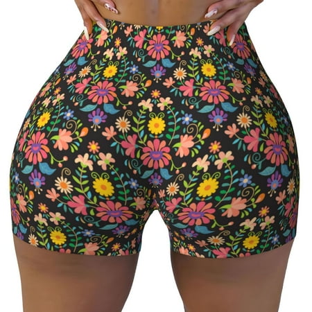 Workout Shorts Women  Mexican Folk Art Floral Biker Shorts for Women Running Gym Spandex Shorts Tummy Control