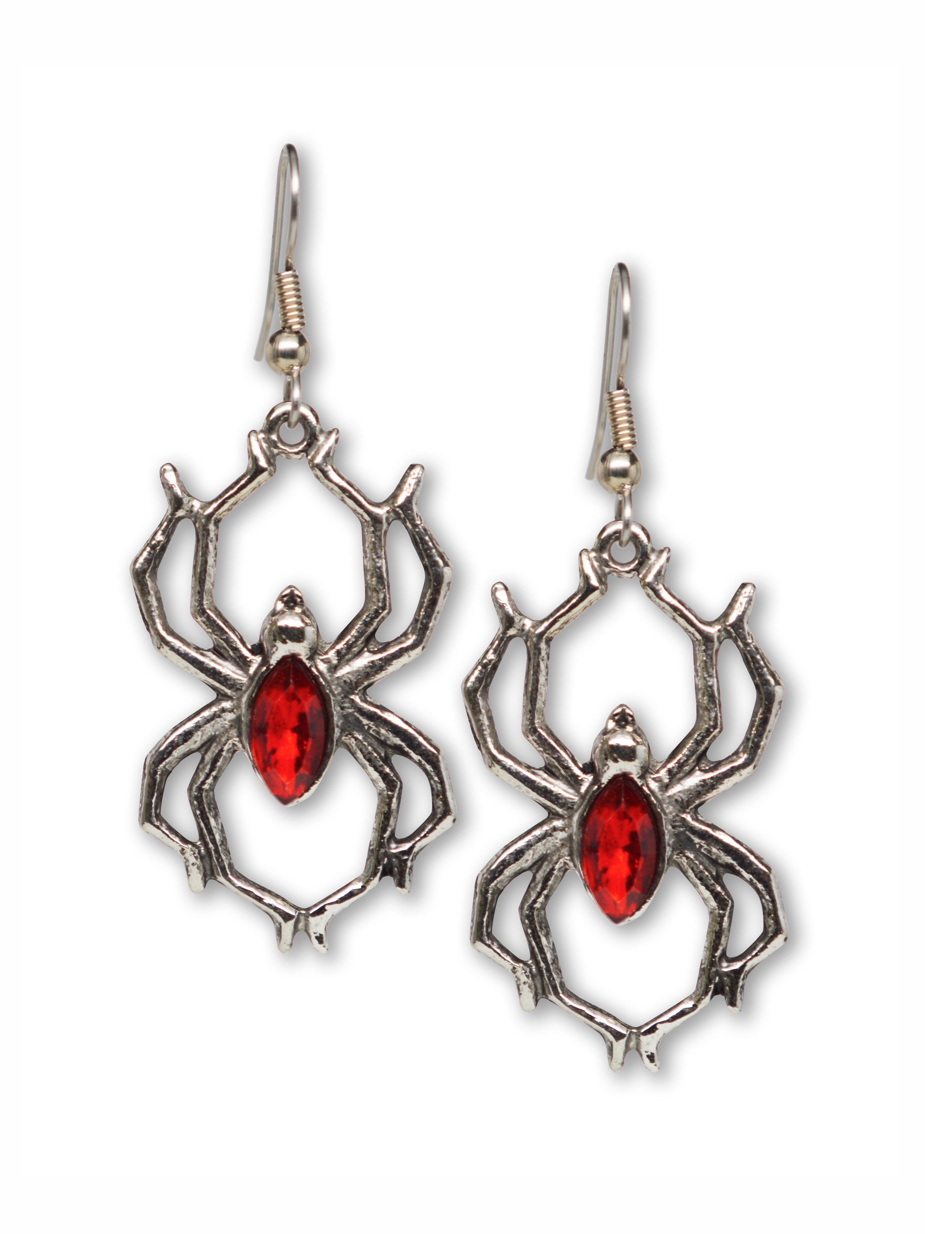 Gothic Spider Dangle Earrings with Red Stone Body Silver Finish Pewter by Real Metal #952R