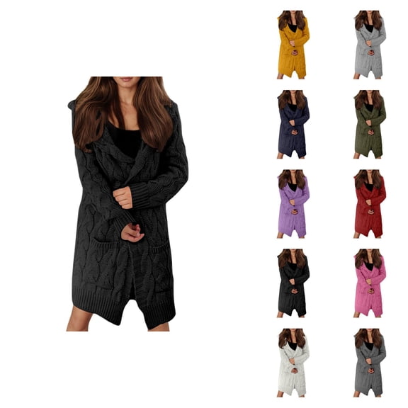 Long Cardigan Sweaters for Women Long Sleeve Oversized Open Front Cable Knit Hooded Coatigan Sweater Coats with Pockets