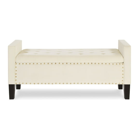 Knubmt Upholstered Storage Bench with Armrest, Velvet Storage Ottoman for Living Room, Bedroom, Office, Cream White
