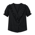 thumbnail image 2 of Cilsoka Women's Ruffle Trim Button Down Shirts Summer V Neck Puff Sleeve Cotton Linen Tops Casual Loose Fit Solid Blouse, 2 of 6