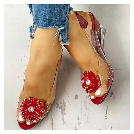 

VeliToy Studded Flower Design Transparent Sandals See-Through Rhinestone Wedge Heel Sandals Lady s Casual Shoes(Red 43)