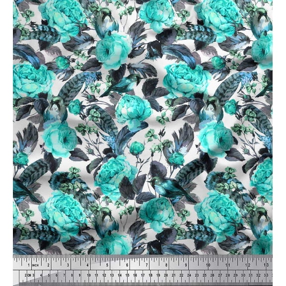 Soimoi Green Cotton Duck Fabric American Robin,Leaves & Floral Print Fabric by The Yard 42 Inch Wide