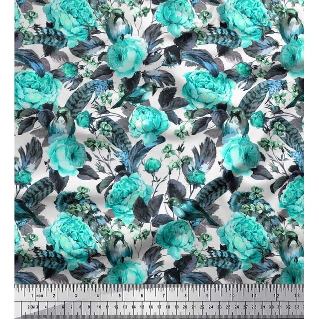 Soimoi Green Polyester Crepe Fabric American Robin,Leaves & Floral Decor Fabric Printed BTY 52 Inch Wide