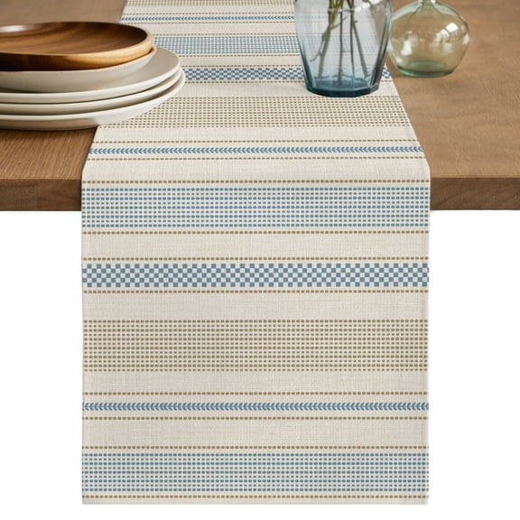 Vintage Striped Table Runner, Blue Brown Vertical Ticking Stripes French Country Cotton Linen Table Cloth, Tablerunner for Kitchen Dining Party Wedding Home Decor 13x36 Inch