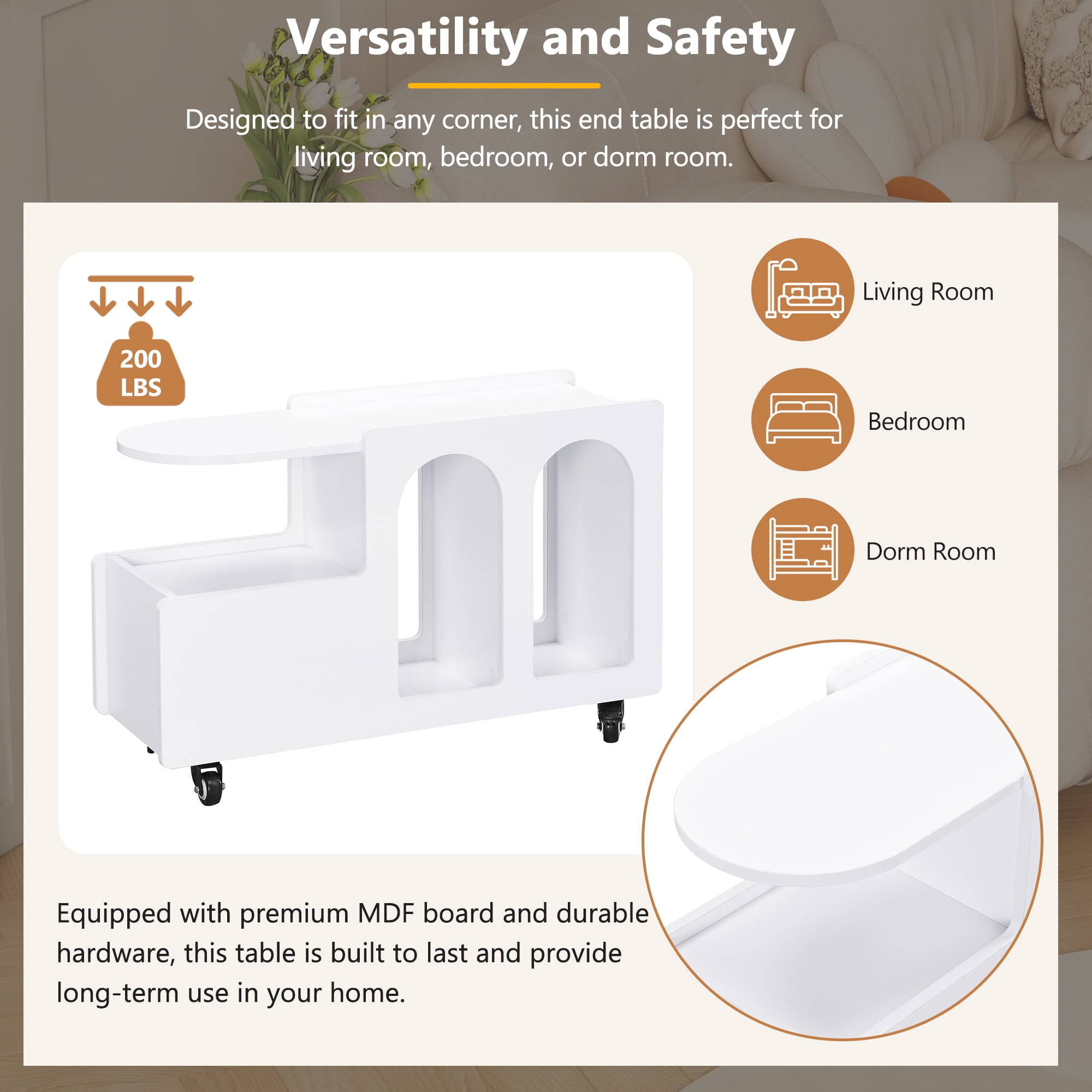 AENKYO Mobile End Table with lockable wheels, Cream Style Side Table with Storage Drawer, 11.8inch Narrow Nightstand with Multi-layer Storage for Living Room,White