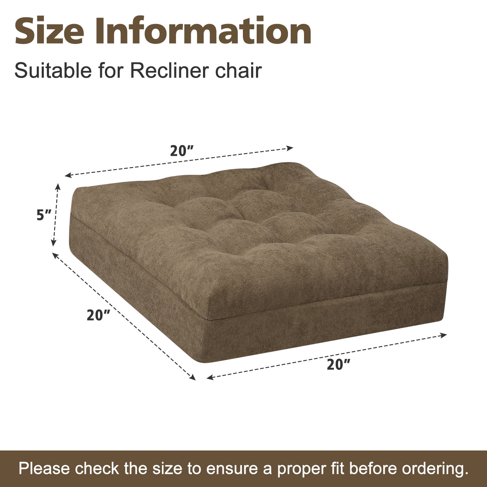 Baibu Recliner Seat Cushion Booster, Dual Layer Memory Foam Replacement Cushion for Recliner Chair with Non-Slip Bottom, 20 x 20 x 5 inches, Brown