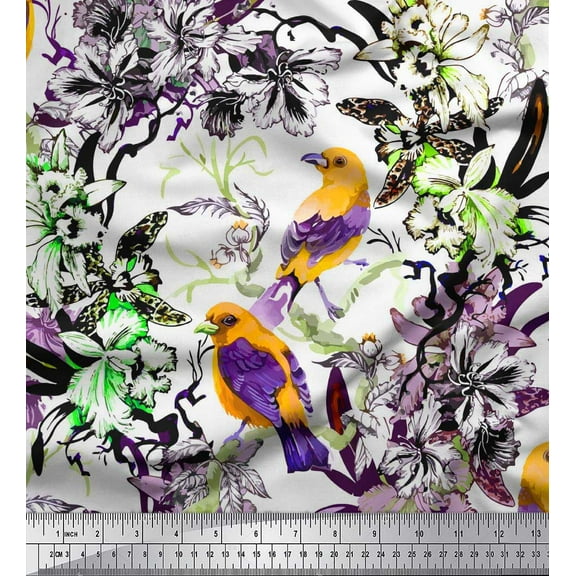 Soimoi Purple Cotton Duck Fabric Leaves,Floral & American Robin Bird Decor Fabric Printed BTY 42 Inch Wide