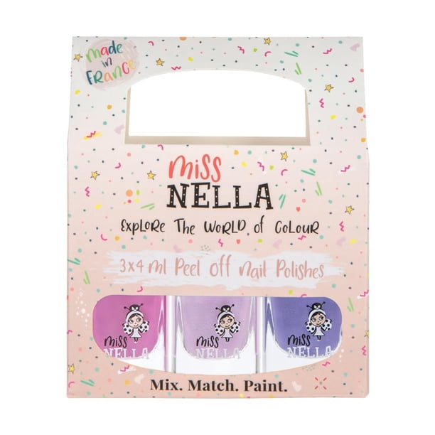 MISS NELLA UNICORNIO PÚRPURA - Base de agua sin olor y para niños, paquete de 3 esmaltes de uñas - Lavanda dulce (purpurina), alas de mariposa (purpurina) y muñeco pequeño