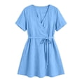 thumbnail image 4 of Women's Summer Cotton Linen Wrap V-Neck Mini Dress Short Sleeve Waist Tie Flowy A-Line Casual Swing Dress for Beach Daily Wear Sky Blue M(M), 4 of 7