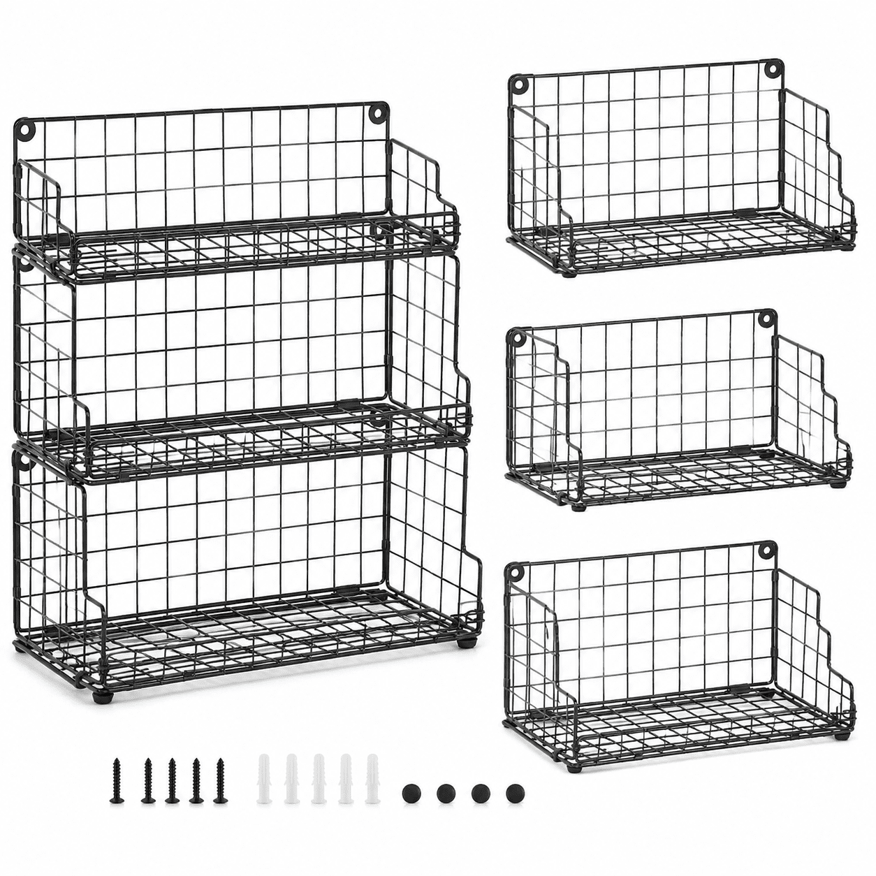 Stackable Wire Basket 3 Tier Countertop & Wall Mounted Metal Storage Basket for Kitchen Pantry Cabinet Multi-functional Open Front Bin Organizer for Food Fruit Snack Black