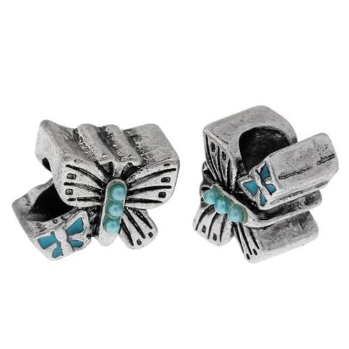 Butterfly Charm W/blue Acrylic Pearls European Bead Compatible for Most European Snake Chain Charm Bracelets