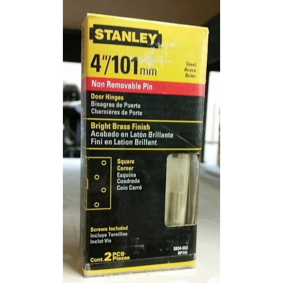 Stanley 4" Steel Bright Brass Square Non Removable Pin Door Hinges with Screws Included 2 Piece