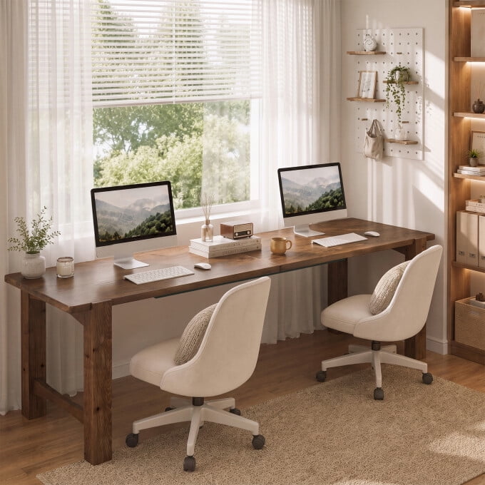 Finmind Solid Wood 2 Person Desk, 79" Extra Long Computer Desk, Farmhouse Writing Table with Thick Legs