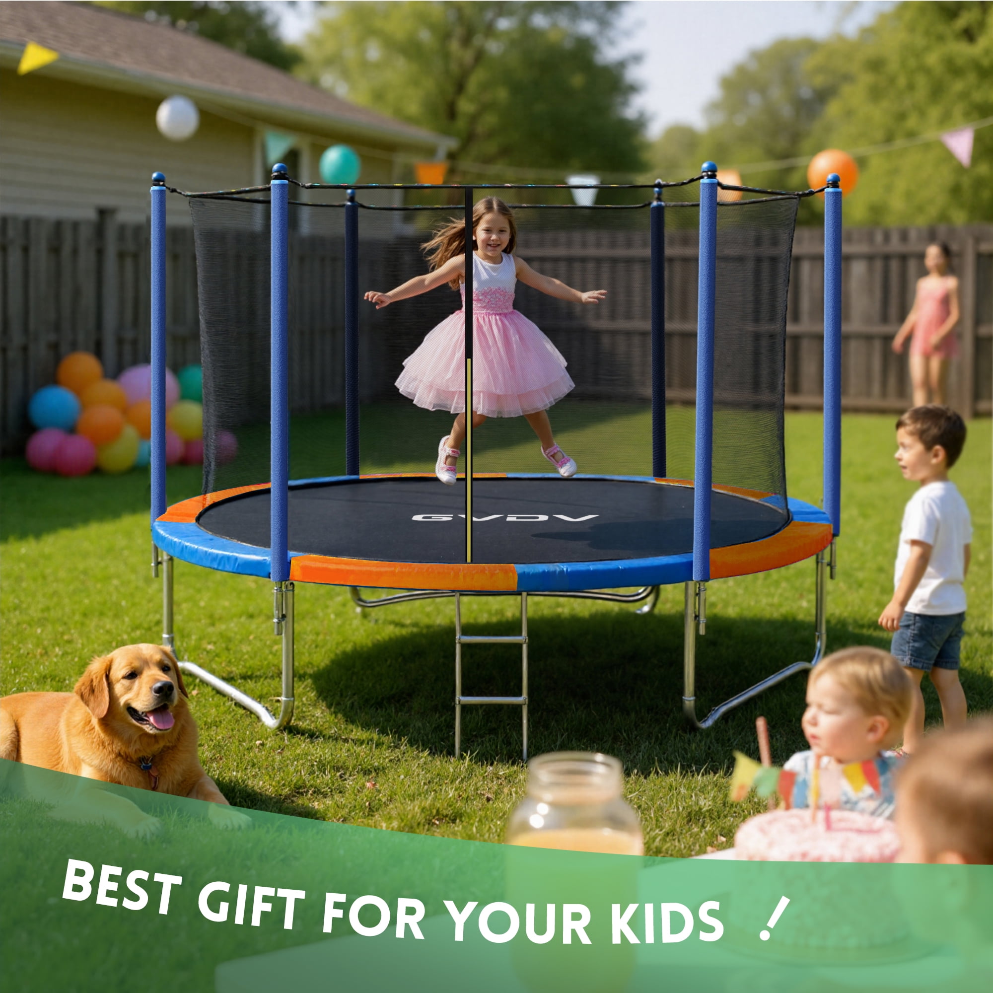GVDV Outdoor Trampoline, 8' Backyard Recreational Trampoline with Enclosure for Kids & Adults