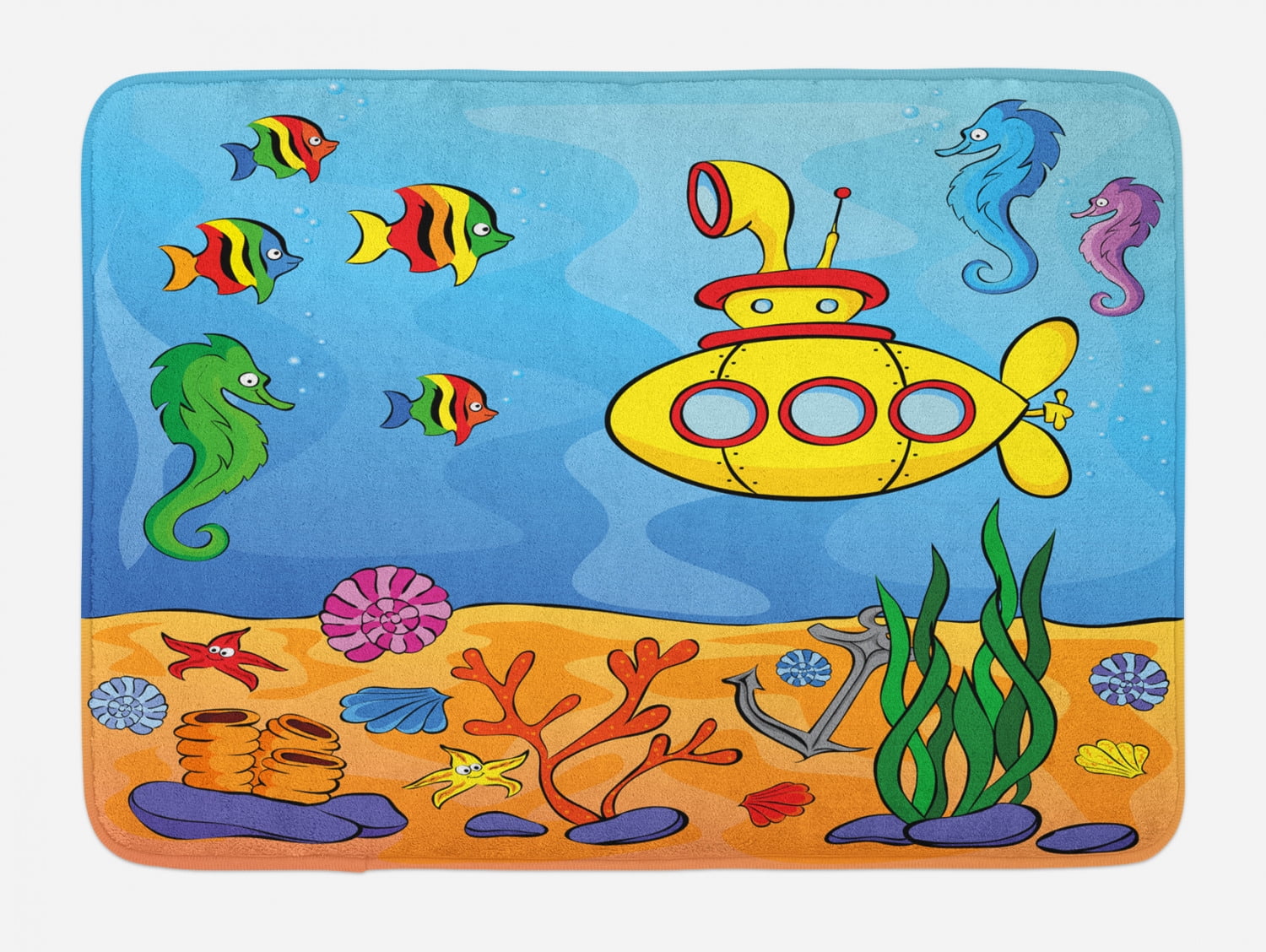 Yellow Submarine Bath Mat, Underwater Theme with Submarine Seahorse