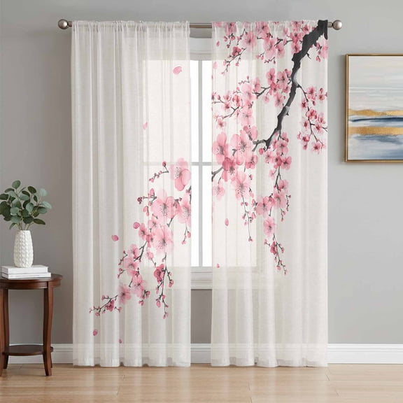 Cherry Blossoms Semi Sheer Curtains 96 Inch Length 2 Panels Set, Pink Flower Floral Spring Nature Country Sheer Kitchen Curtain Privacy Voile Window Curtain for Living Room Bedroom Rod Pocket Drapes