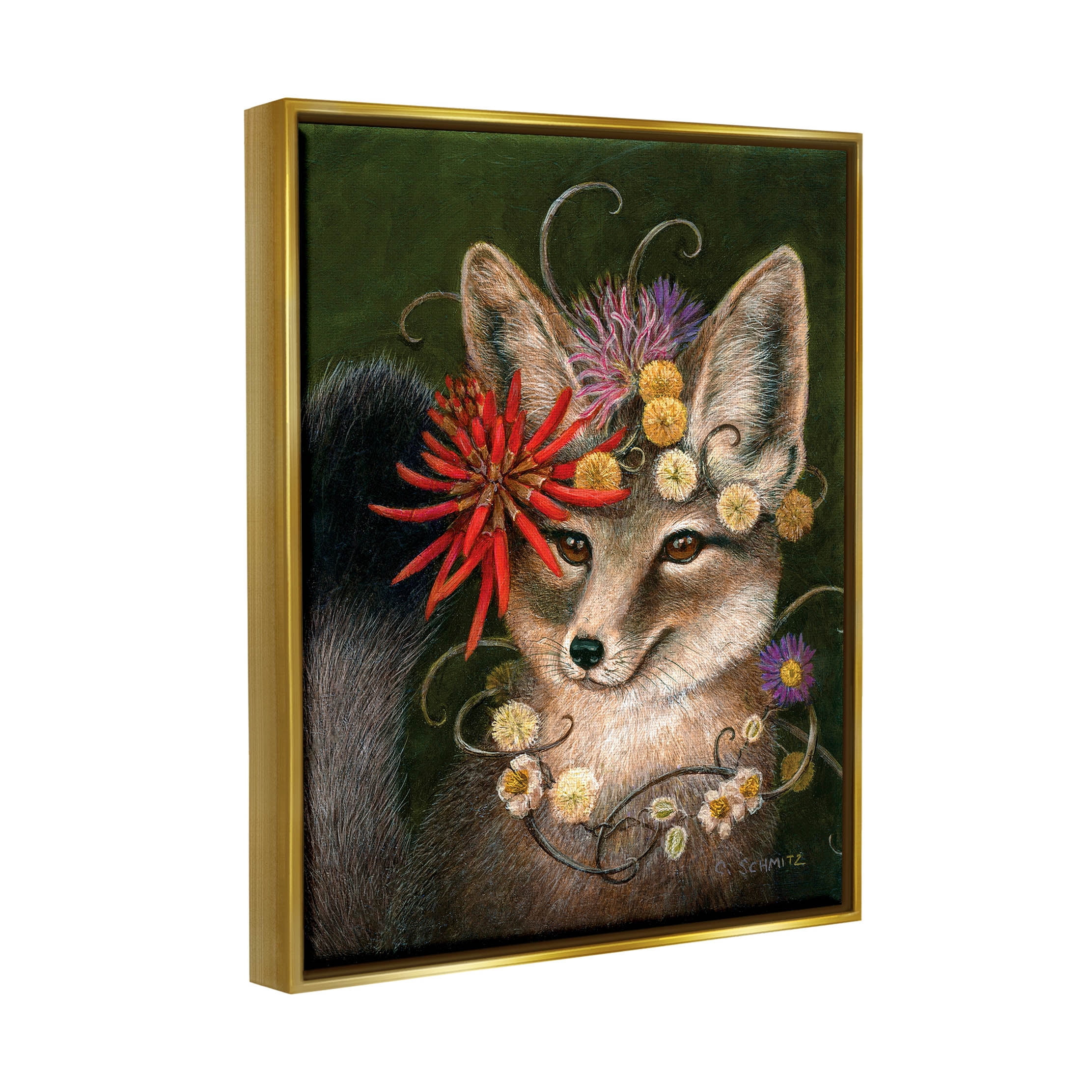 Stupell Industries Botanical Fox Flowers Painting Metallic Gold Floating Framed Canvas Print Wall Art, Design by Carolyn Schmitz