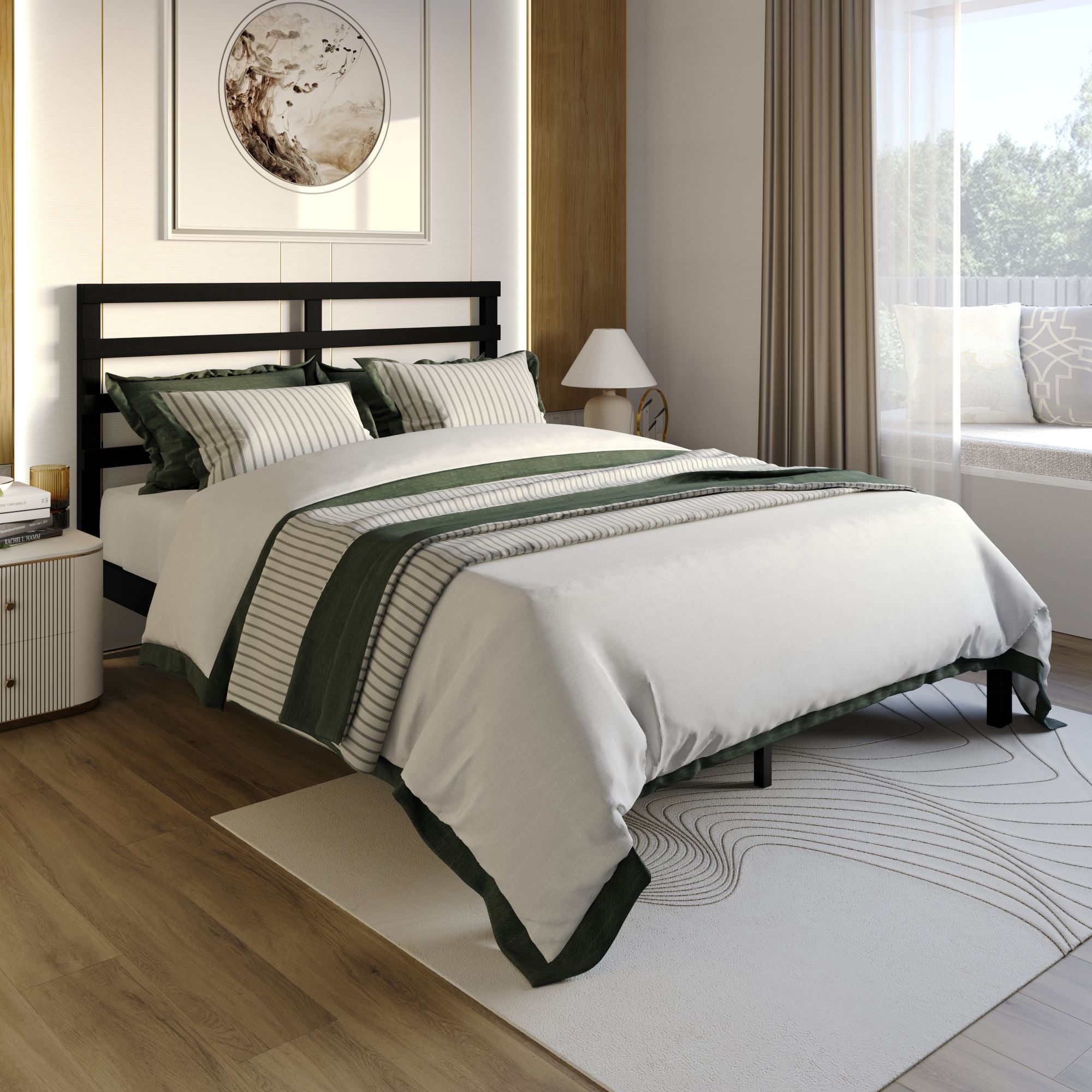 Home Design Winona Twin Wood Panel Bed Frame with Slatted Headboard and Sturdy Legs, Black, Easy Assembly