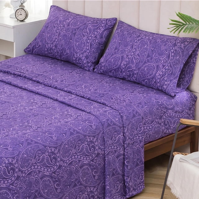 King Size Bed Sheets Set PC Soft Cooling Thread Count Microfiber Printed Sheet Deep Pocket Breathes Better Machine Washable Tropical Palm Tree Fronds Patterned Double