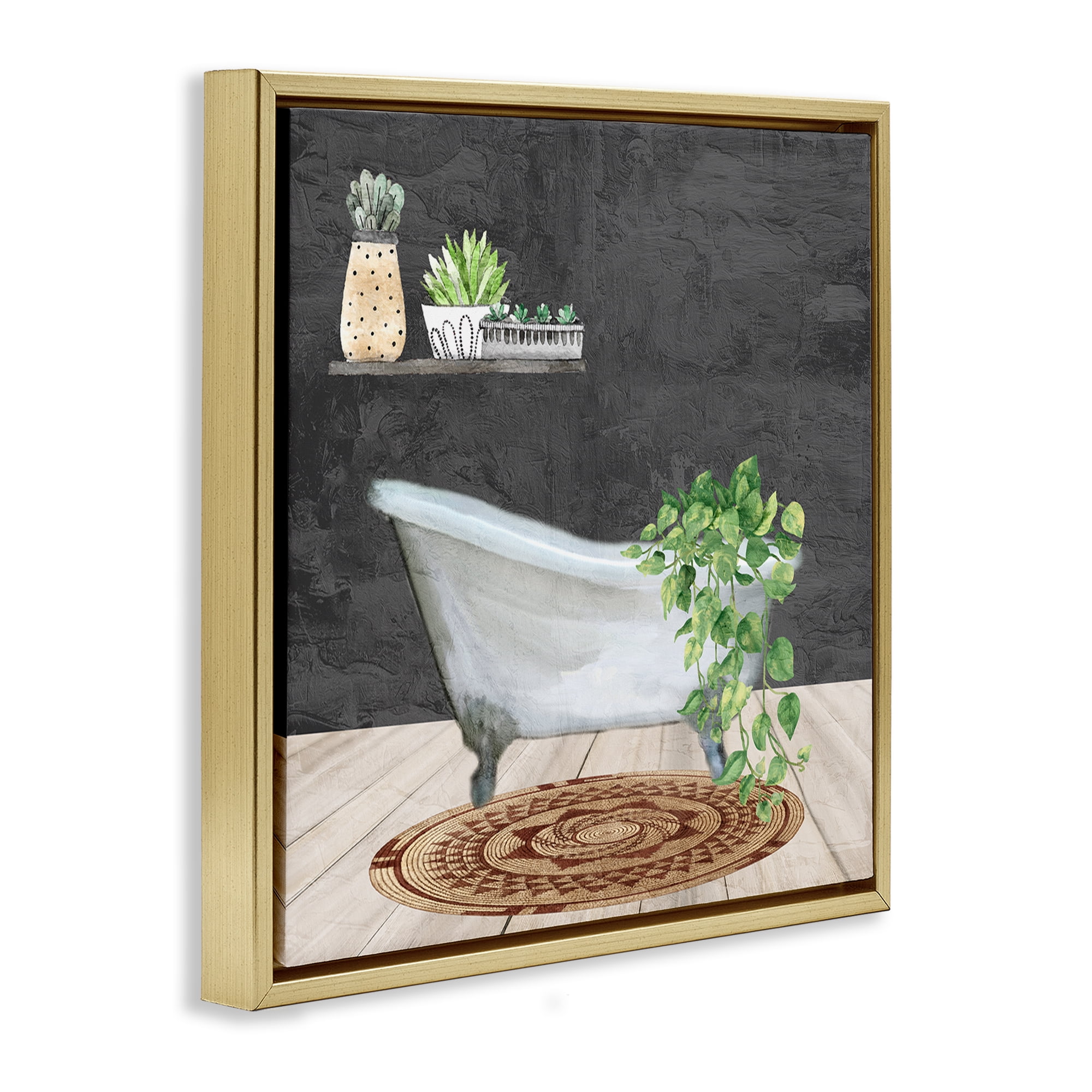 Stupell Industries Botanical Bathtub Scene Bath & Laundry Painting Gold Floater Framed Canvas Art Print Wall Art, 18 x 18