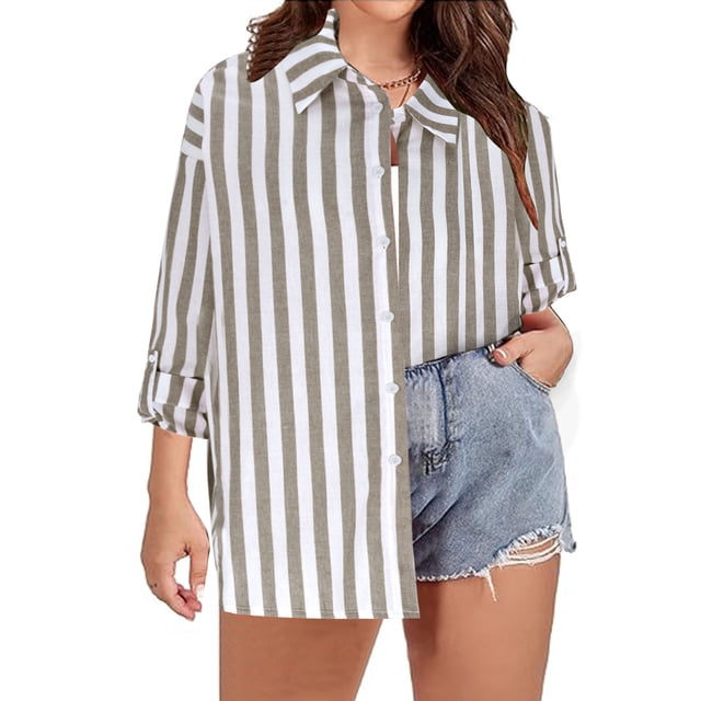 Hauts Grande Taille pour Femmes Mode Décontractée Couleur Unie Imprimé Col en V Col Rond Manches Longues Chemise Ample à Rayures Boutonnée Chemise Régulière Décontractée avec Manches Ajustables
