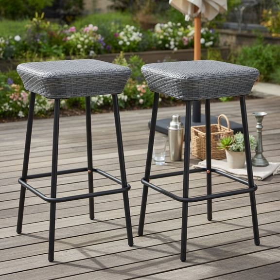 Yardi Yard 29.5 Inches Patio Bar Stools Set of 2, Bar Stool with Rattan Seat and Footrest for Outdoor as Yard, Gray
