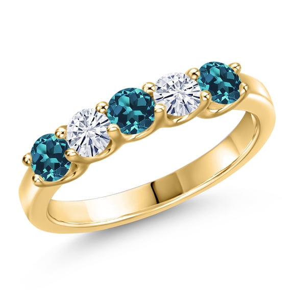 Gem Stone King 10K Yellow Gold London Blue Topaz and White Moissanite Wedding-Bands Ring for Women | 0.98 Cttw | Round 3.5MM | Gemstone November Birthstone | Size 8