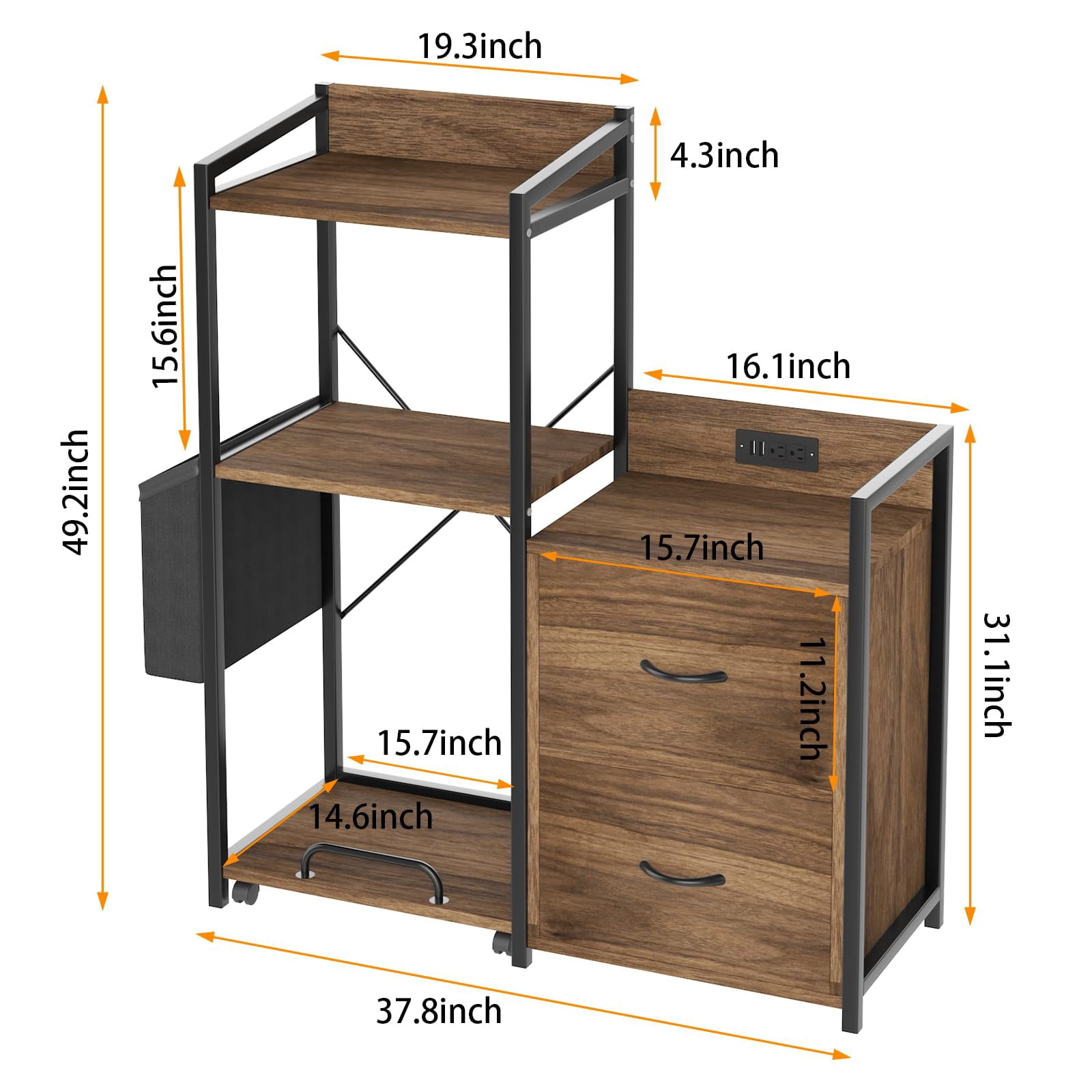 Smart Wooden Printer Stand with Built-in Power Strip and LED Lights, Featuring a 2-Drawer File Cabinet and Open Shelf for A4/Letter Size Home Office Organization，Brown