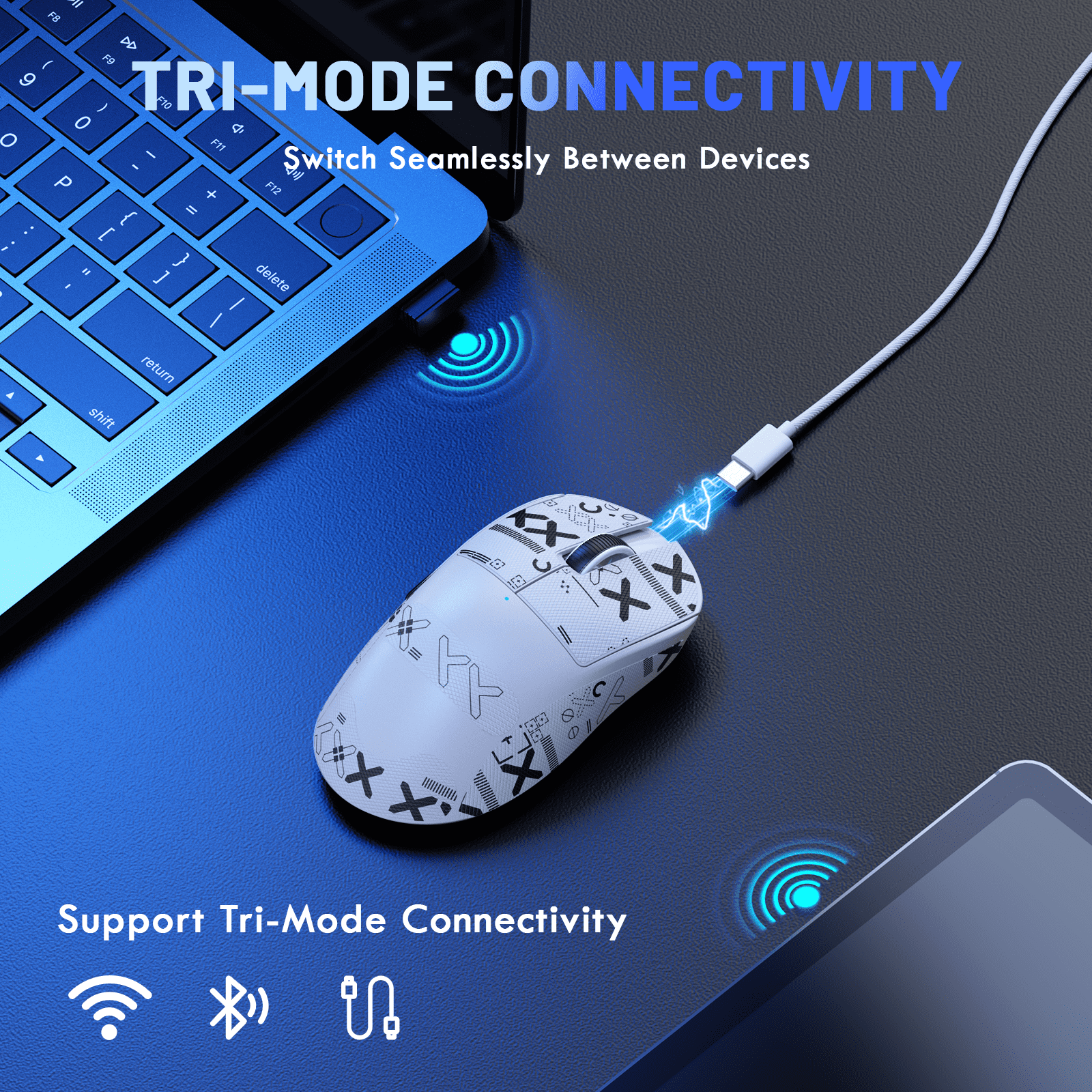 Magic-Refiner X2 Wireless Gaming Mouse, Tri-Mode 2.4G/USB-C Wired/Bluetooth, PAW3311 Sensor, 25000 DPI, 1000Hz Polling Rate, 69g Ergonomic Design, Grip Tape Included, White