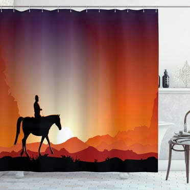 Western Shower Curtain, Silhouette of a Cowboy on a Horse Passing by at a Desert Safari Scene, Fabric Bathroom Set with Hooks, 69W X 84L Inches Extra Long, Vermilion Charcoal Grey, by Ambesonne