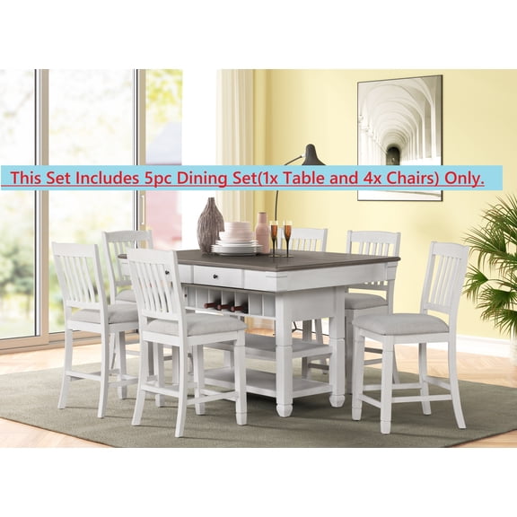 5pc White Gray Counter Height Dining Set Storage Table Upholstered Chairs Solid Wood Set
