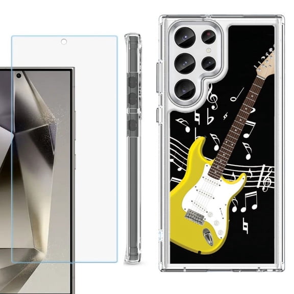 OneToughShield ® Case Compatible with Samsung Galaxy S24 Ultra, Shockproof Bumper Phone Case, with Tempered Glass Screen Protector - Guitar Yellow