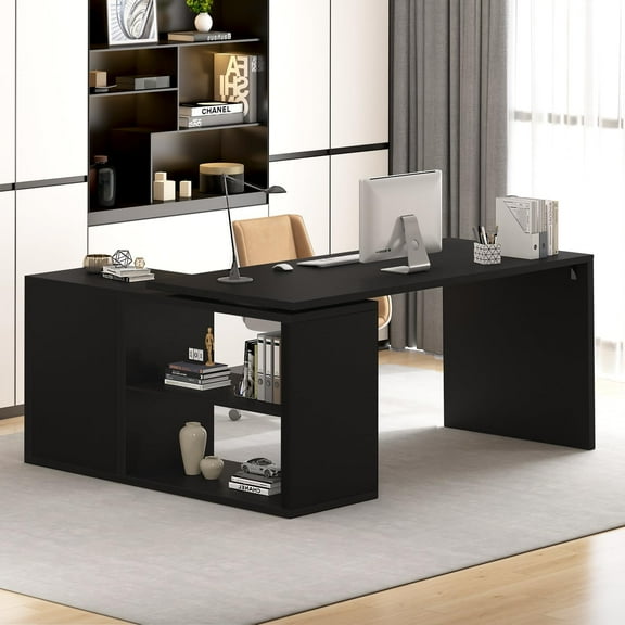 HSH Black L Shaped Computer Desk, Corner Desk with Storage Cabinet Drawer Shelves, Reversible Industrial Wood Executive Workstation, L-Shaped Home Office Table for Work Study Writing Gaming, 55 Inch