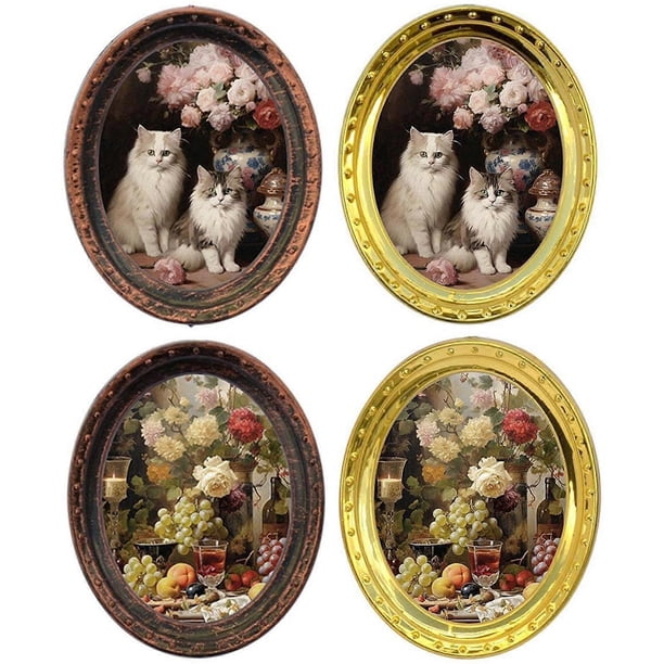 1/12 Scale Doll House Decoration Iron Miniature Picture Frame with Cats And Rose Artwork Oil Painting Photo Frame 4PCS